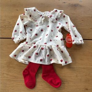 NWT Cream Baby Dress with Red Floral Accents and Red Tights